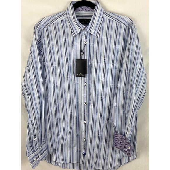 NWT Bugatchi Men Shirt Blue Black Paisley Striped Long Sleeve Flip Cuffs Med New - Picture 2 of 7